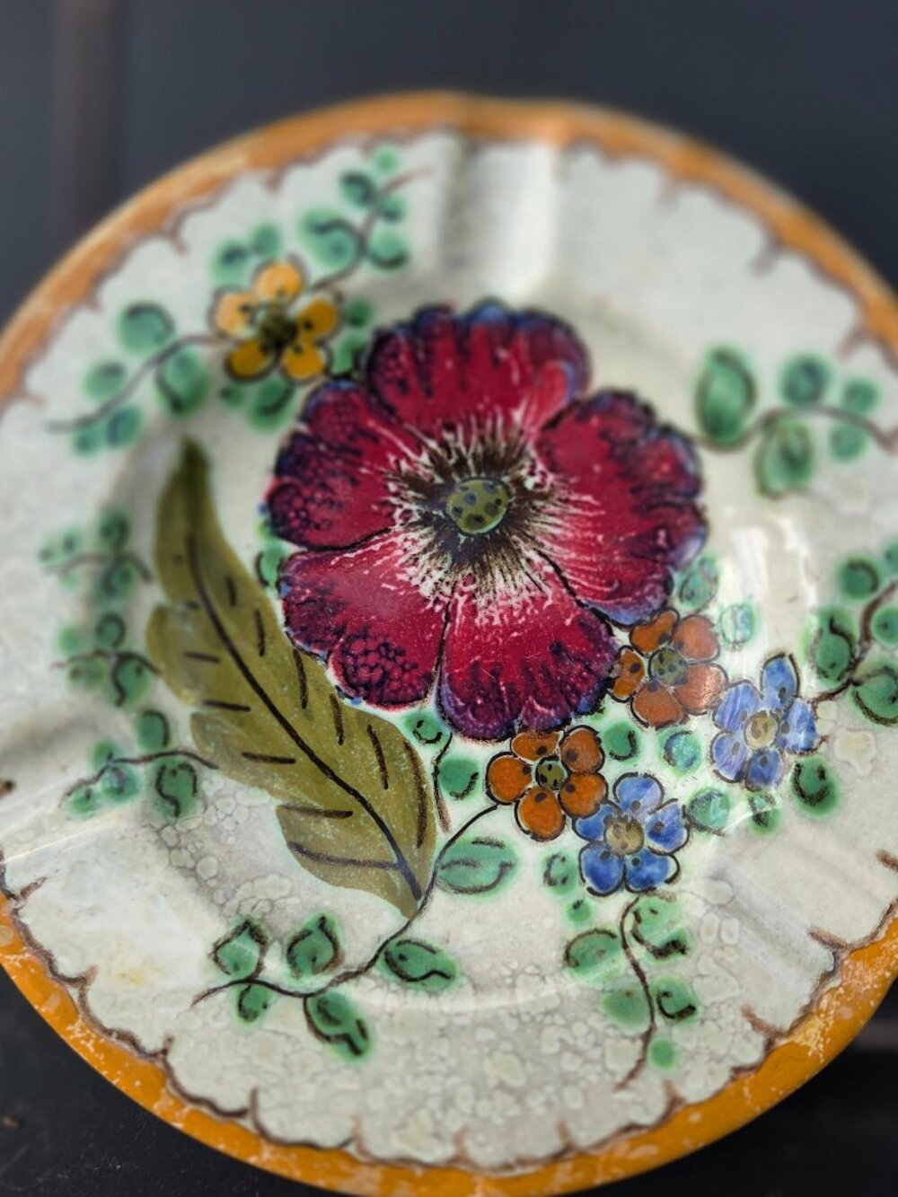 Gouda Holland Ashtray Signed #2860 Hand Painted "Areo" Art Pottery, Three Slots